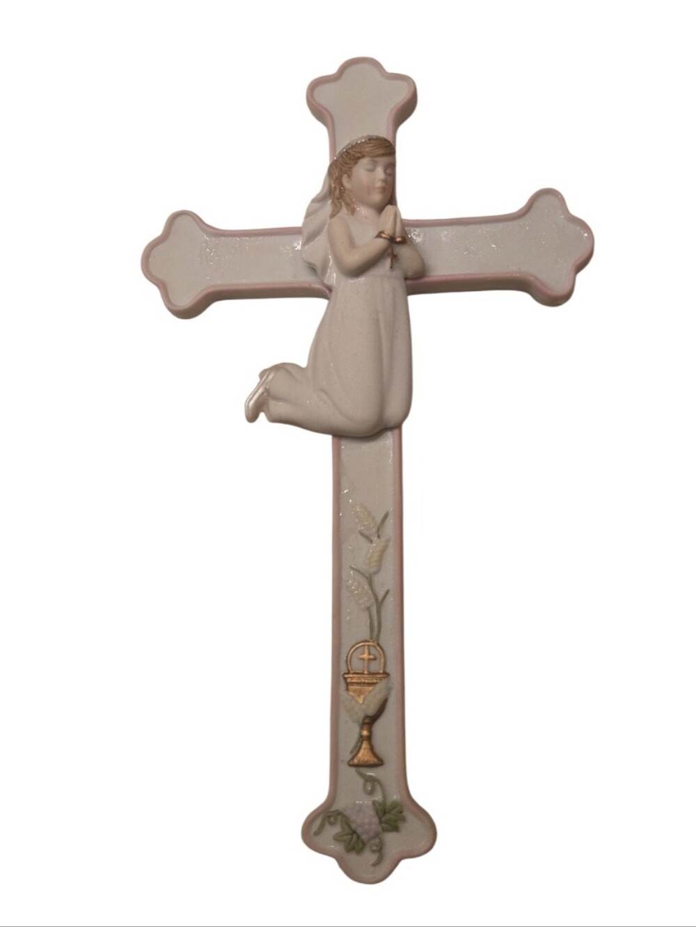 First Holy Communion Porcelain Prayer Girl Wall Cross in White and Soft Pink